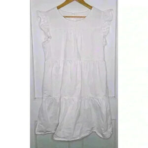 White  Cotton Tiered Dress with Ruffled Arms